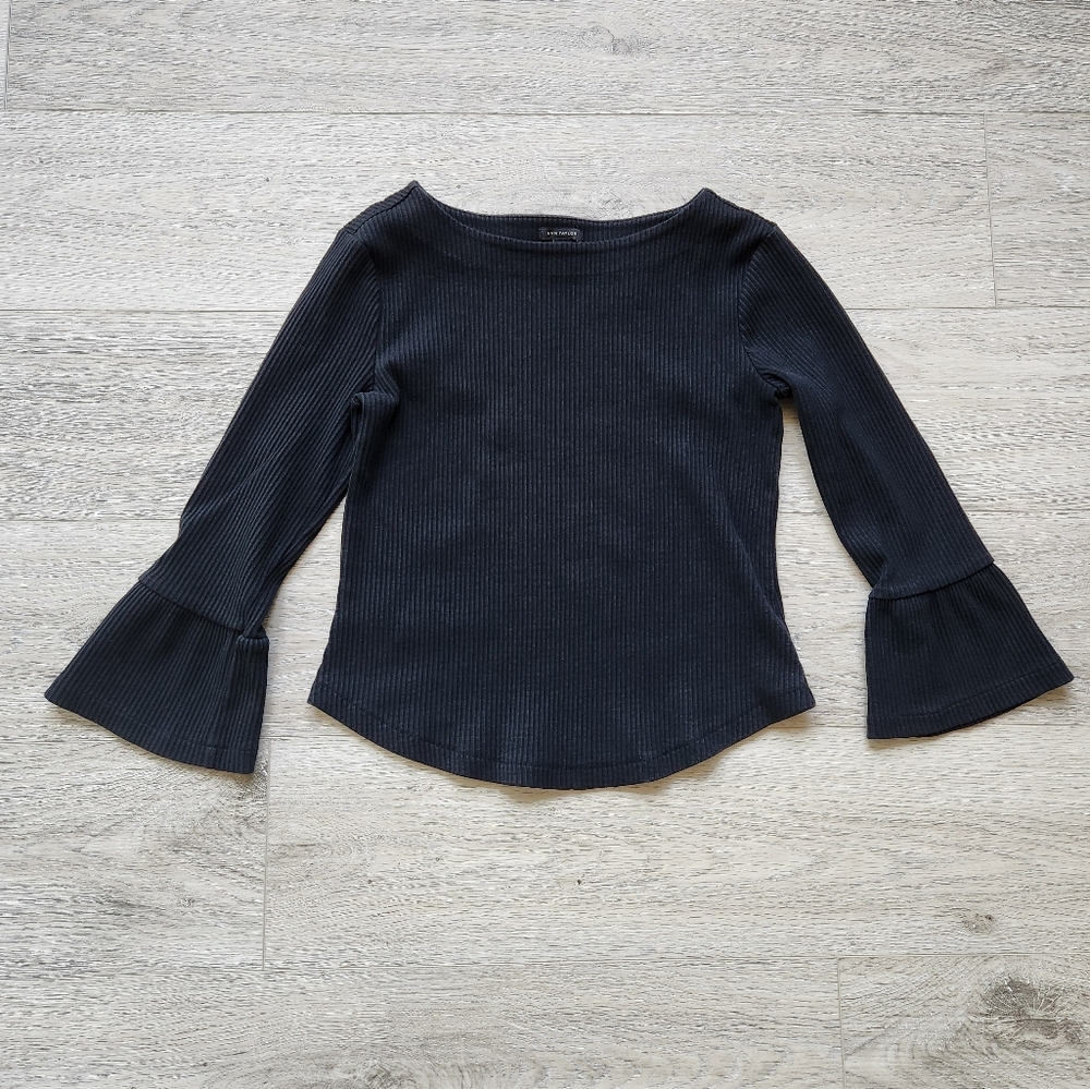 Ann Taylor Black Shirt Womens Small Bell Sleeves Ribbed Textured Cotton